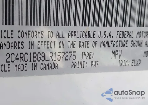 2020 Chrysler Pacifica Touring L z USA, uszkodzony, nr VIN 2C4RC1BG9LR157275